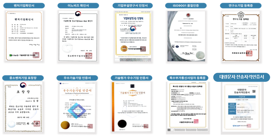 벤처기업확인서, 이노비즈 확인서, 기업부설연구소 인정서, ISO9001 품질인증 등 투비스마트 인증서
